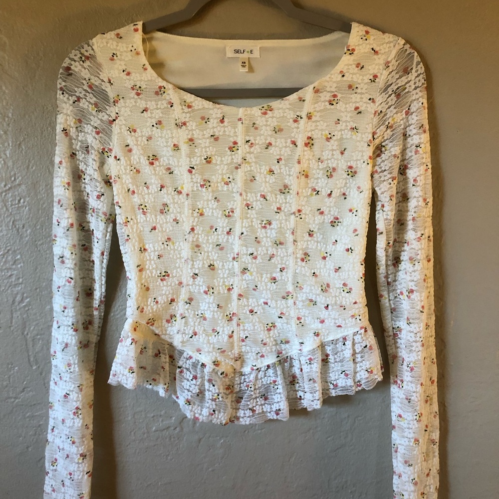 Cream and floral Peplum Blouse with Long Lace Sleeves